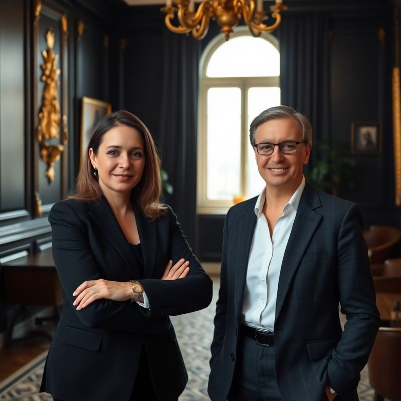 Dva profesionální poradci v kanceláři v uhlově šedém interiéru se zlatými akcenty